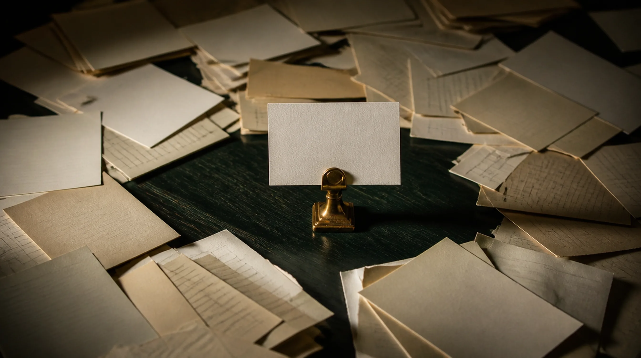 An evergreen desk buried under a drift of blank ivory notes, with one crisp card held in a brass clip at the center.